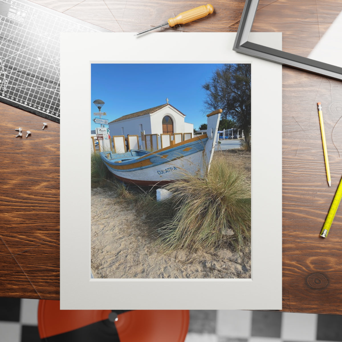 Coastal Boat Fine Art Print with Passepartout — Rustic Beach Photography Wall Art