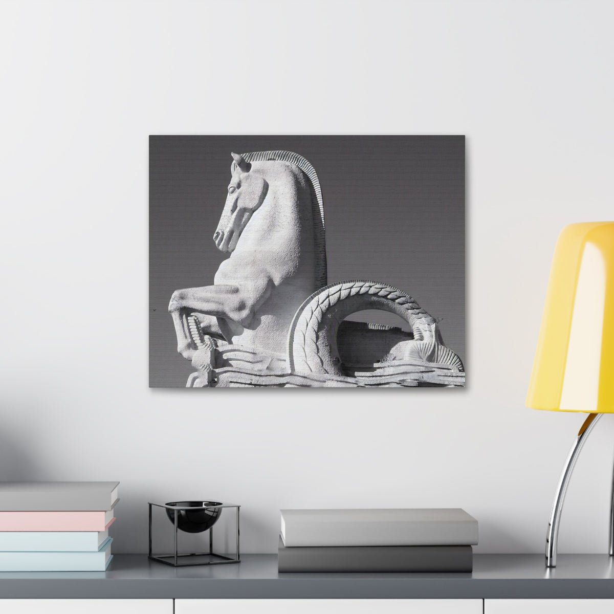 Stone Horse Sculpture Canvas Wall Art — Black & White Architectural Photography, 1.5" Stretched Canvas