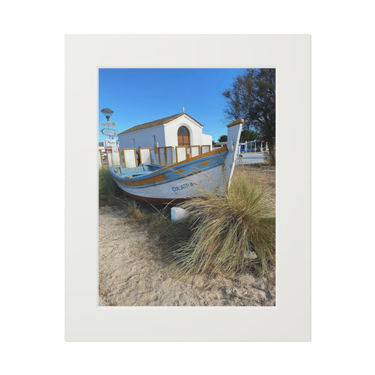 Coastal Boat Fine Art Print with Passepartout — Rustic Beach Photography Wall Art