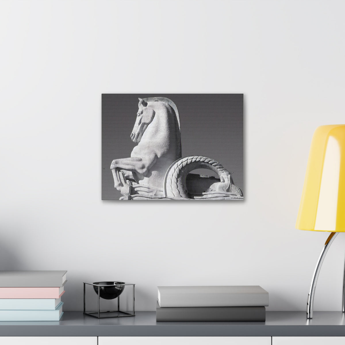 Stone Horse Sculpture Canvas Wall Art — Black & White Architectural Photography, 1.5" Stretched Canvas