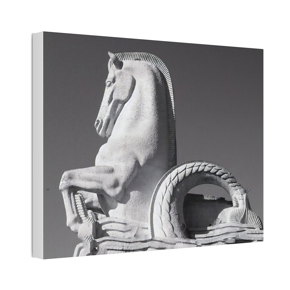 Stone Horse Sculpture Canvas Wall Art — Black & White Architectural Photography, 1.5" Stretched Canvas