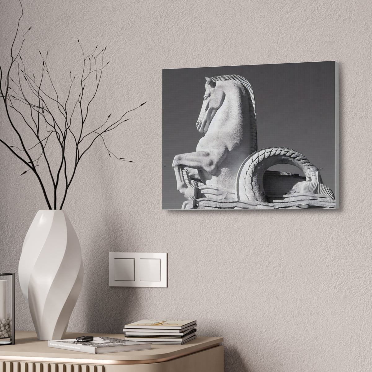 Stone Horse Sculpture Canvas Wall Art — Black & White Architectural Photography, 1.5" Stretched Canvas