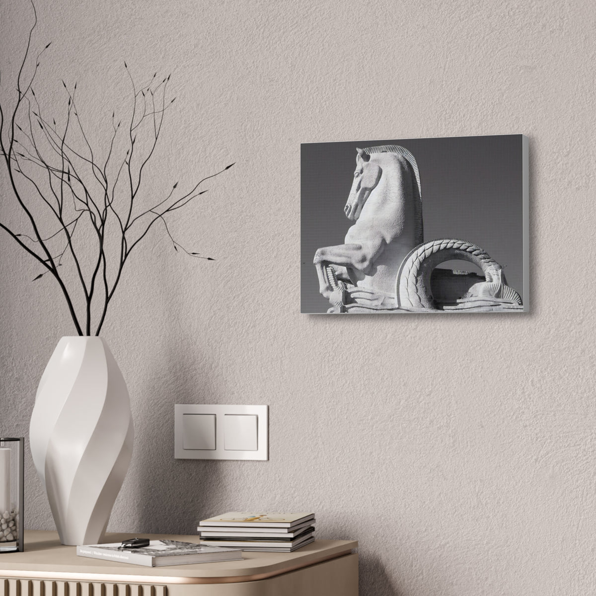 Stone Horse Sculpture Canvas Wall Art — Black & White Architectural Photography, 1.5" Stretched Canvas