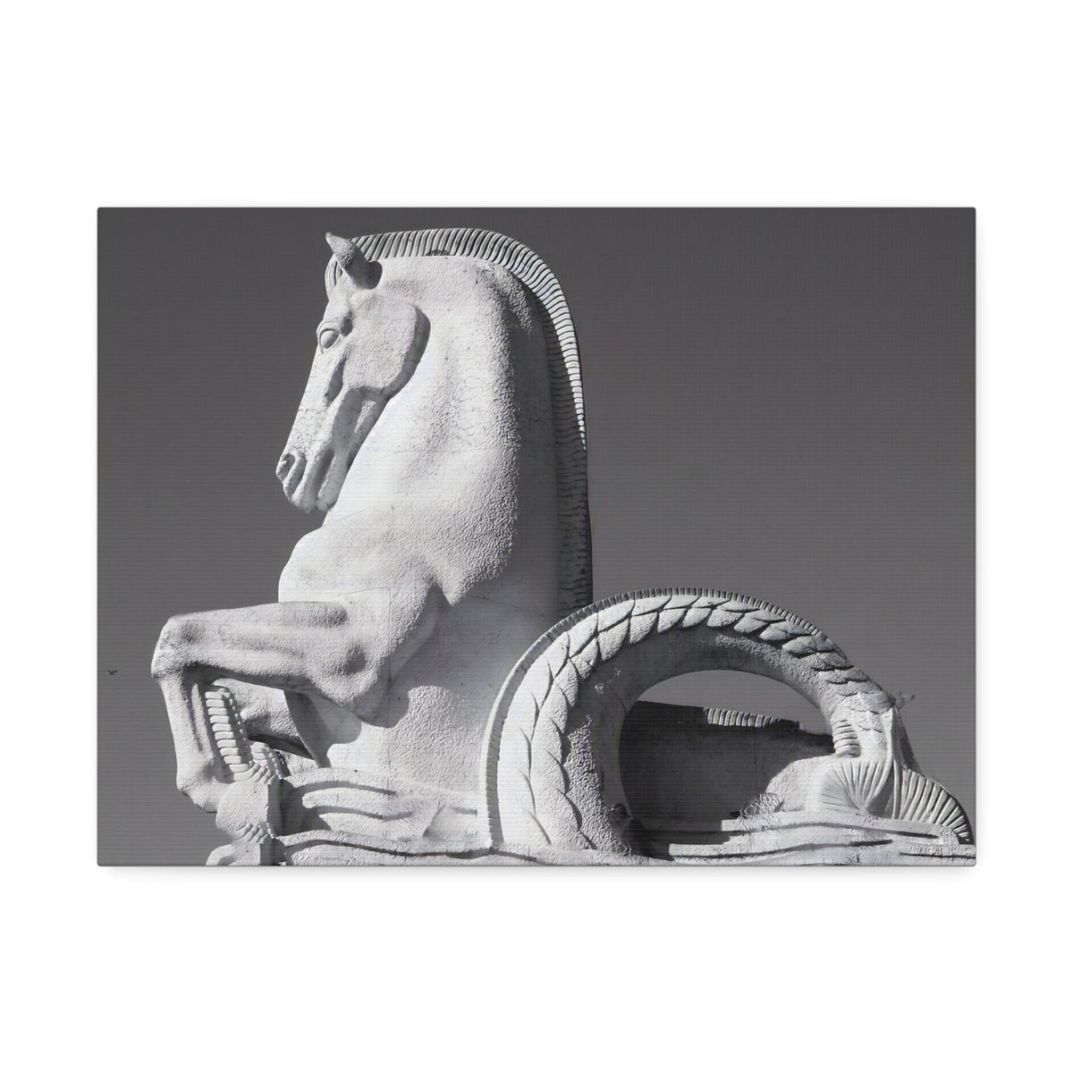 Stone Horse Sculpture Canvas Wall Art — Black & White Architectural Photography, 1.5" Stretched Canvas