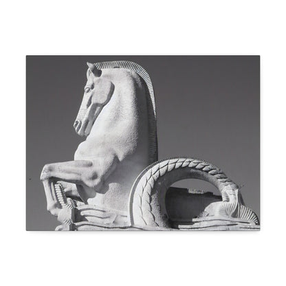 Stone Horse Sculpture Canvas Wall Art — Black & White Architectural Photography, 1.5" Stretched Canvas