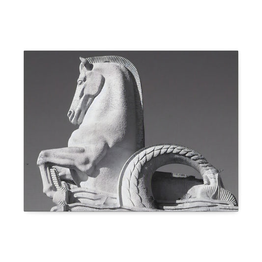 Stone Horse Sculpture Canvas Wall Art — Black & White Architectural Photography, 1.5" Stretched Canvas