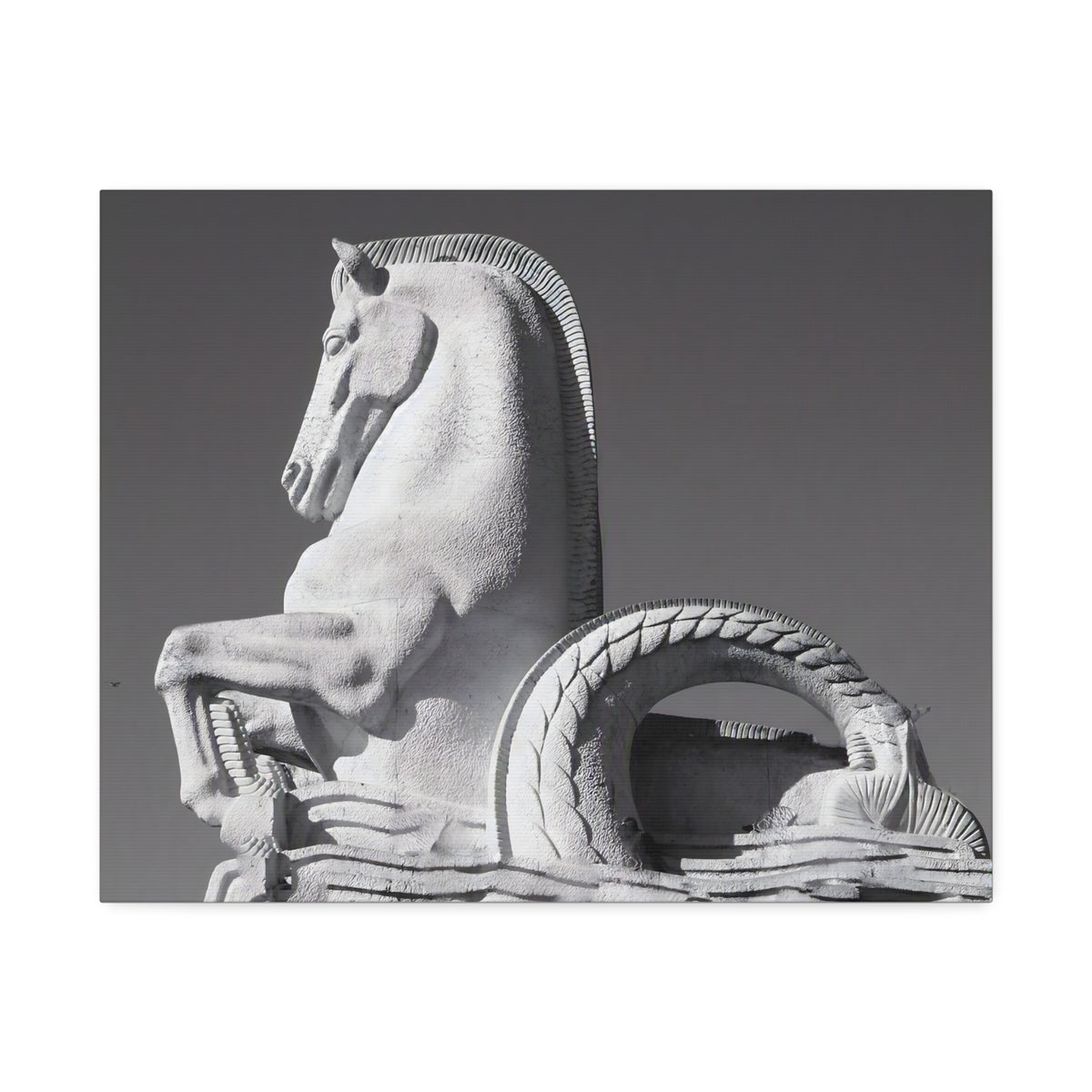 Stone Horse Sculpture Canvas Wall Art — Black & White Architectural Photography, 1.5" Stretched Canvas