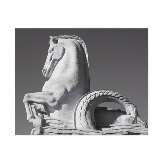 Stone Horse Sculpture Canvas Wall Art — Black & White Architectural Photography, 1.5" Stretched Canvas