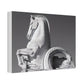 Stone Horse Sculpture Canvas Wall Art — Black & White Architectural Photography, 1.5" Stretched Canvas