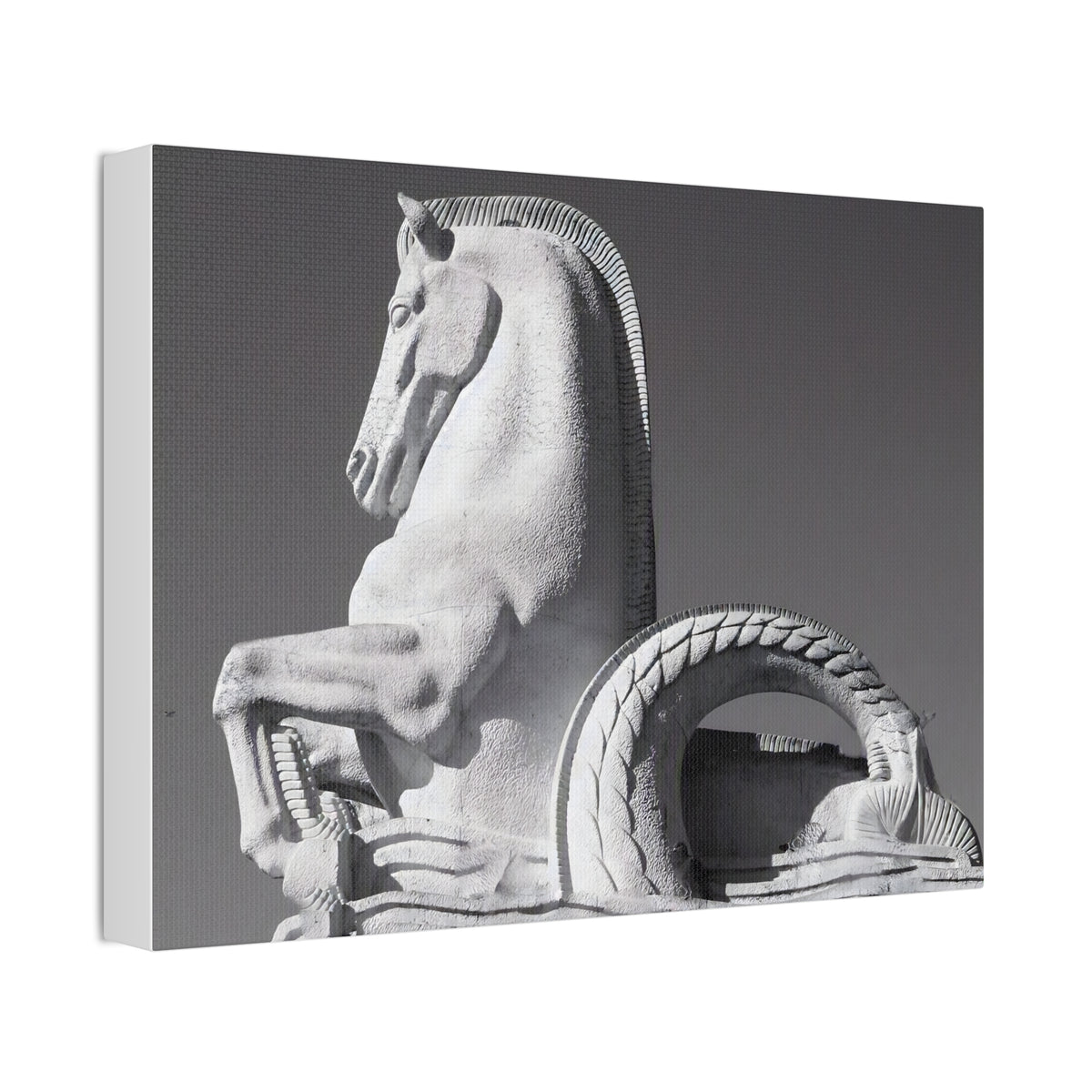 Stone Horse Sculpture Canvas Wall Art — Black & White Architectural Photography, 1.5" Stretched Canvas
